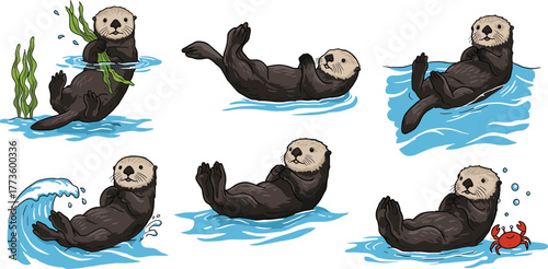 Cute sea otter cartoon collection swimming, floating, and playing with seaweed and crab, adorable marine wildlife illustration art design