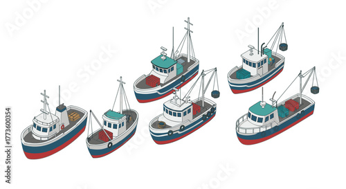 Isometric fishing boats collection with detailed equipment and vibrant colors