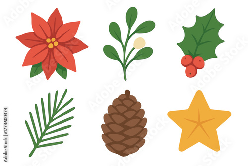 Holiday botanical elements for festive design projects. Set of 6 Christmas vector illustration
