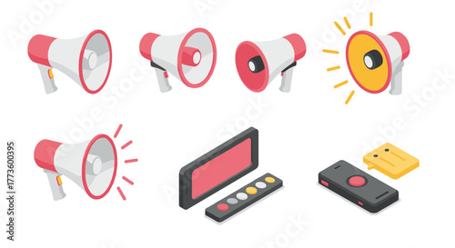 Isometric megaphones and game controllers set with vibrant highlights in a flat style design