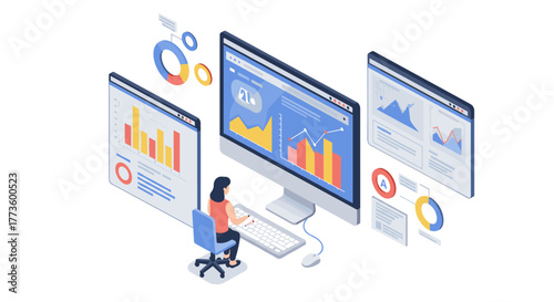 Business analytics dashboard isometric design with charts and graphs
