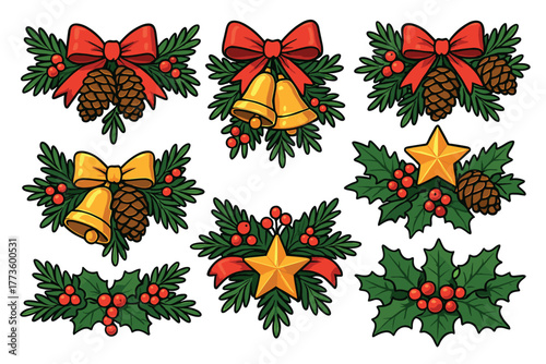 Decorative Christmas wreaths with bells and bows for festive design. Set of 6 Christmas vector illustration