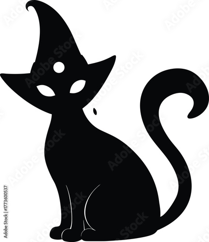 Minimalist Black Cat with Witch Hat Icon

