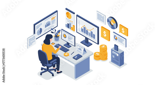 Businesswoman analyzing financial data in modern office with isometric charts and graphs