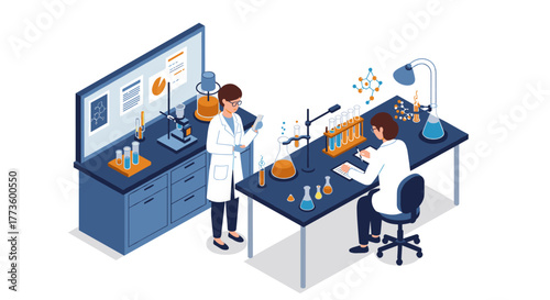 Scientists conducting experiments in modern laboratory setting with equipment and chemical formula