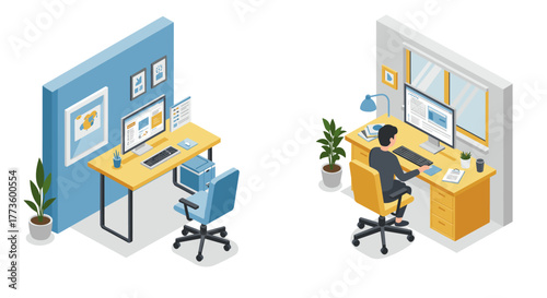 Isometric workspace designs: home office and professional workstation concepts
