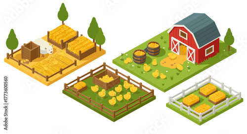 Isometric farm scene with animals and barn in autumn harvest setting