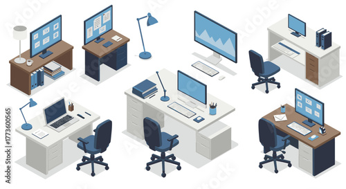 Modern office desks with computers and accessories in isometric style