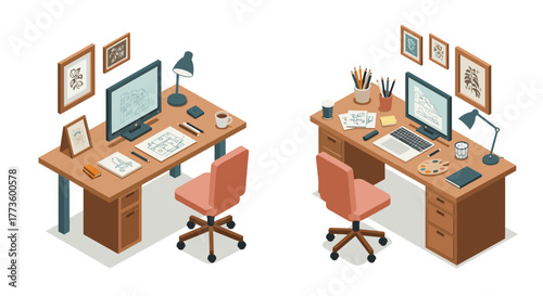 Creative workspace setup with desktop and laptop in isometric design