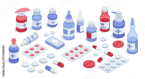 Isometric medical supplies including bottles, pills, and syringes in blue and red colors