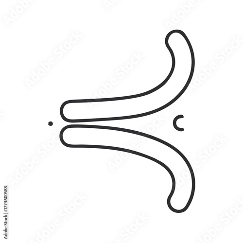 Minimalist black line art icon of two mirrored, opposing curved lines with a dot and a letter C.