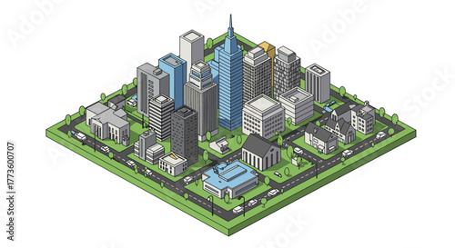 Isometric urban cityscape with skyscrapers and buildings on a square plot
