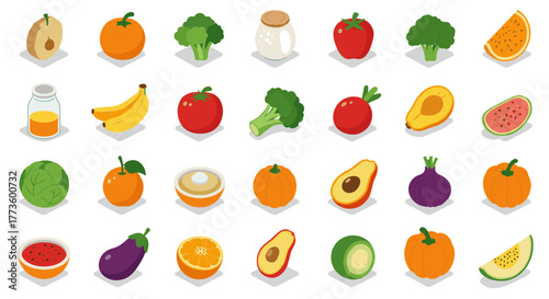 Colorful isometric fruits and vegetables collection for healthy living design