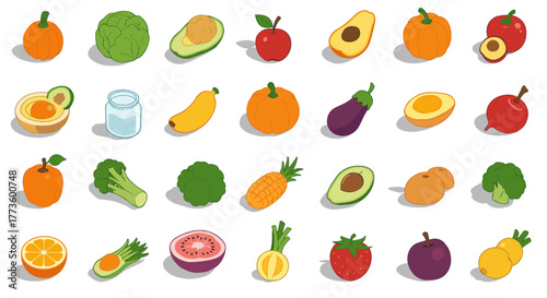Colorful assorted fruits and vegetables in isometric style on white background