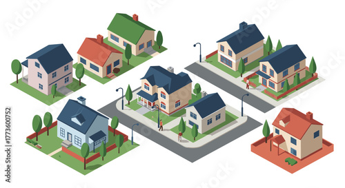Isometric neighborhood with various houses and streets