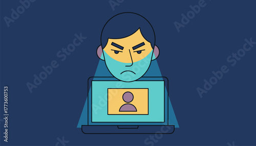 A glowing laptop screen illuminating a persons face at night showing their concentration during an online interview.