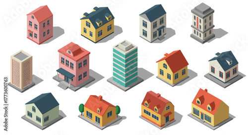 Isometric residential and commercial buildings collection