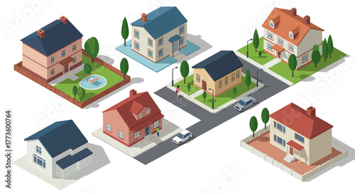 Isometric neighborhood scene with various houses and trees on white background