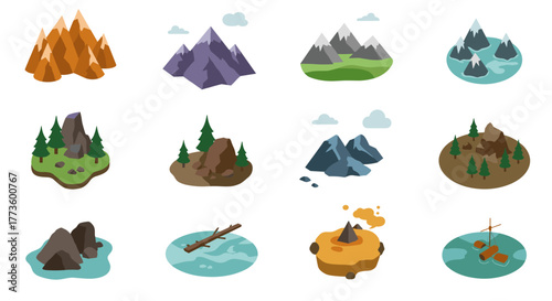 Colorful icon set of nature elements featuring mountains, forests, and rocks