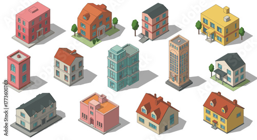 Isometric collection of diverse architecture designs with colorful buildings