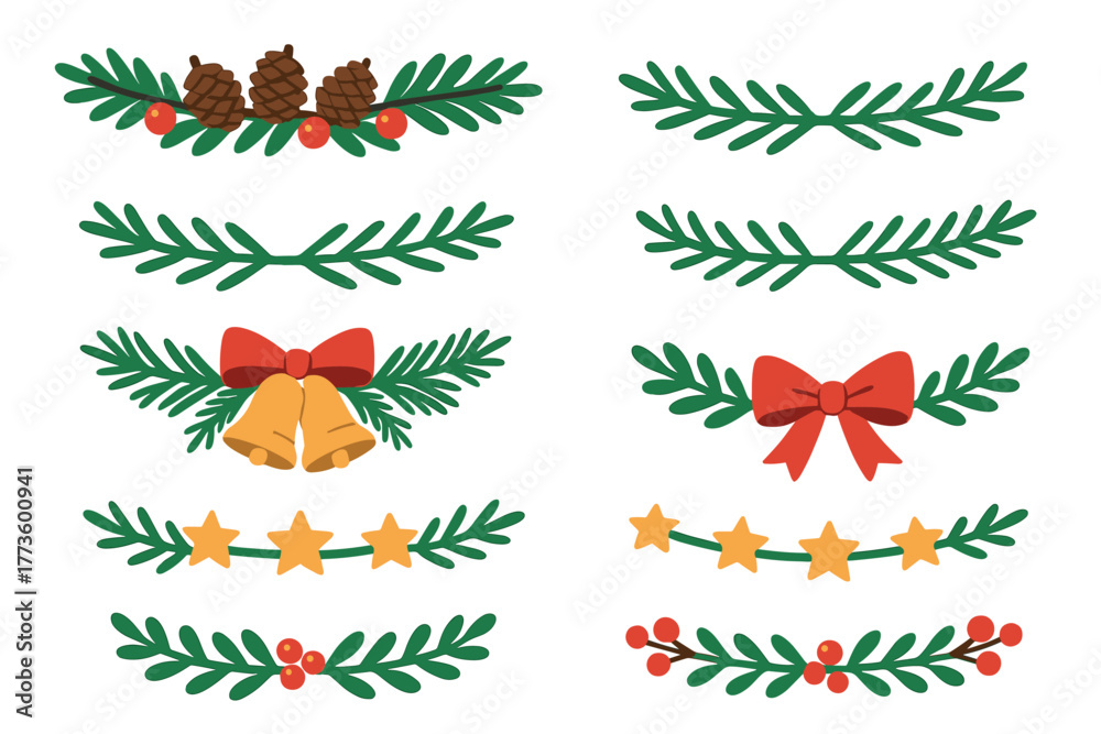 Obraz premium Festive holiday decorations with greenery and ornaments. Set of 6 Christmas vector illustration