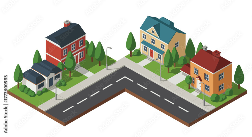 Naklejka premium Charming suburban neighborhood with isometric houses and lush greenery