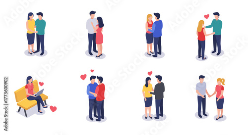 Isometric couples in love: romantic scenes with diverse poses and hearts