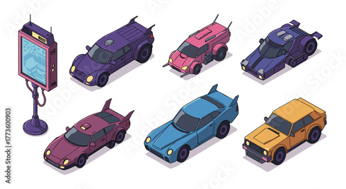 Collection of isometric retro futuristic cars with bold color schemes and unique designs in stylized 3d art