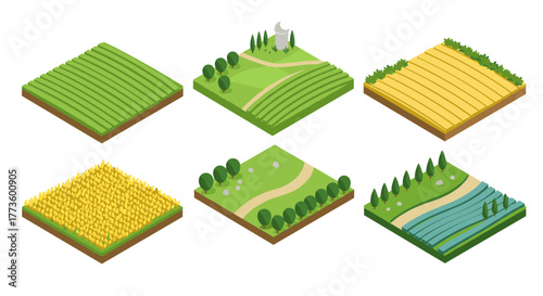 Isometric farm plots with fields, crops, and rural landscapes
