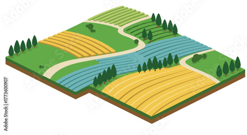 Isometric agricultural landscape with colorful fields and trees