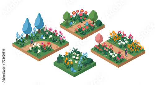 Isometric floral gardens with pathways and trees in vivid spring colors