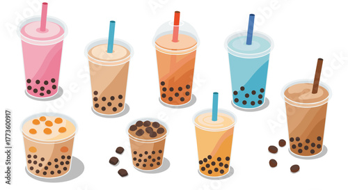 Colorful bubble tea collection with tapioca pearls and varied cup designs