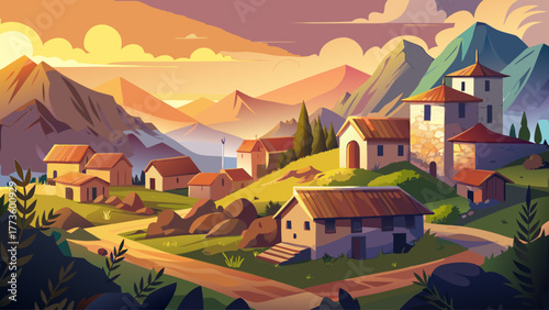 Vector of an ancient village near mountains, stone roofs, warm sunrise, fog in valley, nostalgic and peaceful rural atmosphere