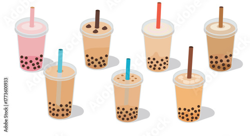 Colorful isometric bubble tea collection with tapioca pearls and straws in various flavors