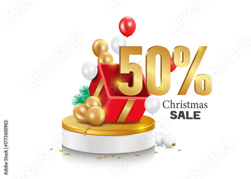 Number 50% gold comes out of red gift box placed on circular podium with multi-colored balloons floating around it for Christmas or New Year advertising promotion design, vector 3d on white background