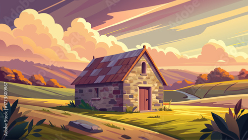 Vector of an old stone barn in open field, cloudy sky, warm nostalgic countryside tones, calm and peaceful atmosphere