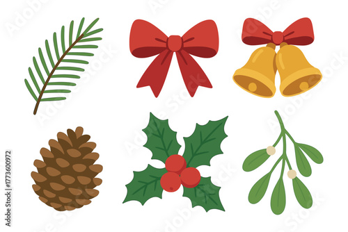 Festive holiday decorations with pine, bows, and mistletoe elements. Set of 6 Christmas vector illustration