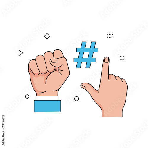 An illustration of a clenched fist symbolizing strength and a pointing hand engaging with a prominent blue hashtag, conveying themes of online activism and social media trends.