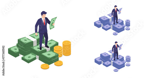 Businessman standing on money stacks with coins in isometric style