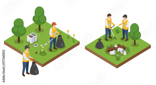 Isometric environmental cleanup with volunteers collecting litter in nature