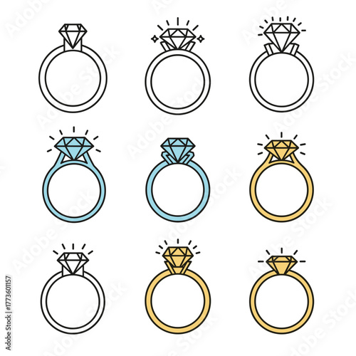 A diverse collection of elegant vector icons illustrating various diamond engagement rings and wedding bands in outline, blue, and gold styles, with some sparkling gems.