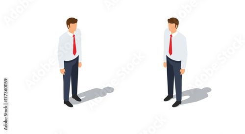 Isometric businessmen facing each other with shadows on white background