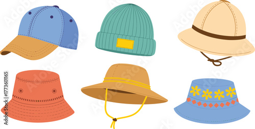 Baseball cap, knitted beanie, sun hat, bucket hat, wide brim hat, colorful floral bucket hat, fashion accessories, outdoor headwear