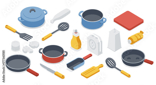Isometric kitchen utensils and appliances in modern style on white background