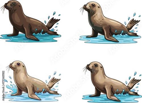 Cute sea lion illustration set, playful marine animal cartoon, seal in water, wildlife art, aquatic mammal drawing, ocean character collection