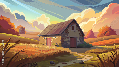 Vector of an old stone barn in open field, cloudy sky, warm nostalgic countryside tones, calm and peaceful atmosphere