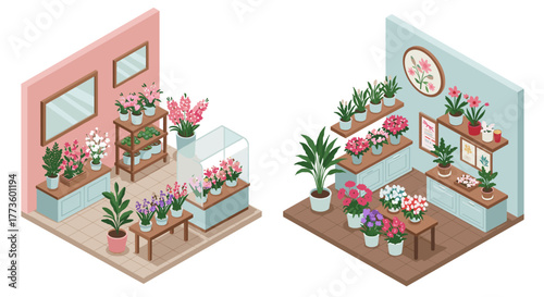 Cozy indoor plant shops in isometric style with various flower arrangements