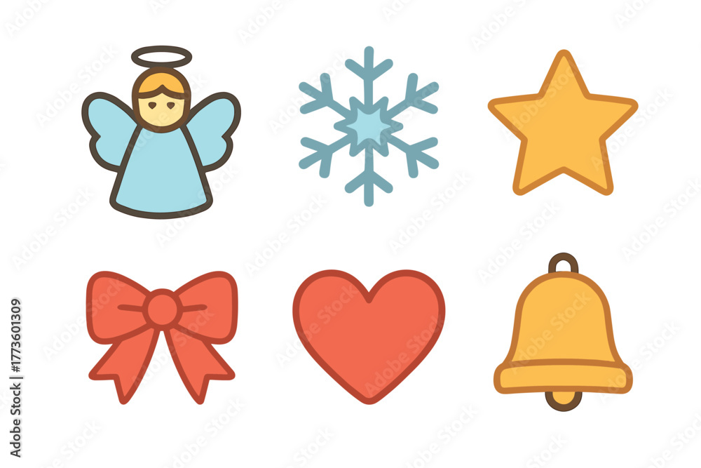 Fototapeta premium Holiday symbols angel, snowflake, star, and more. Set of 6 Christmas vector illustration
