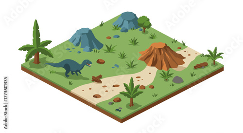 Isometric prehistoric landscape with dinosaur and volcano scene