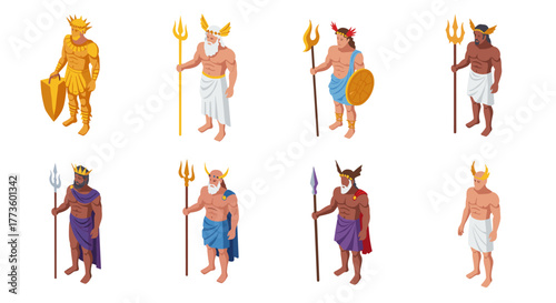Isometric ancient greek mythology gods with tridents and shields